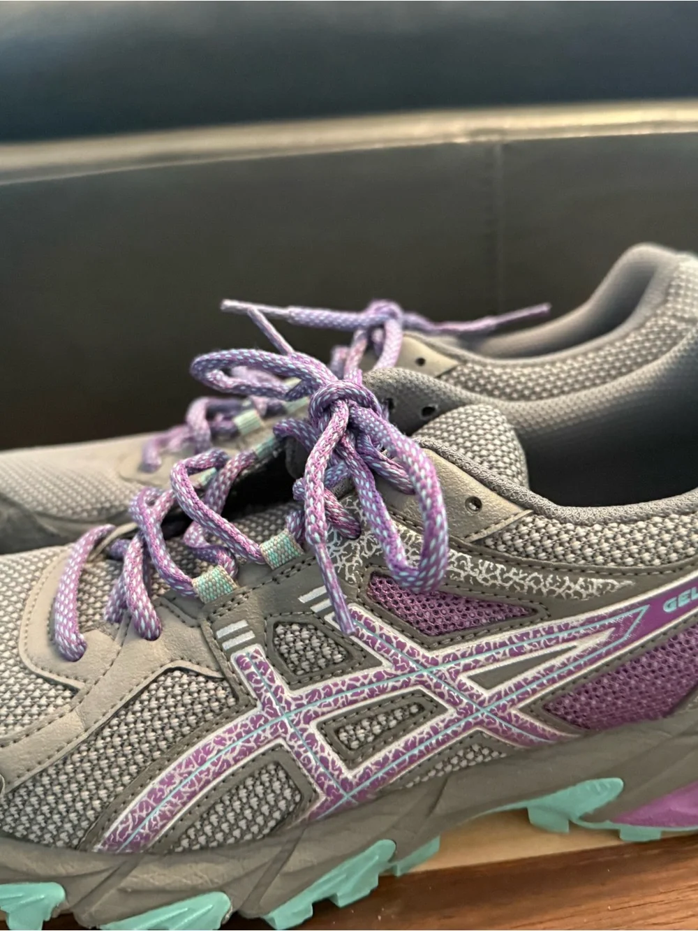 Asics Gray Running Sneakers with Purple Laces and Teal Accents